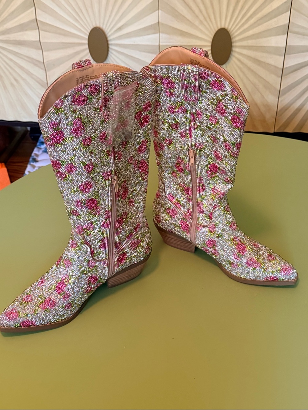 Betsey Johnson Pink Floral Crystal Cowboy Boots